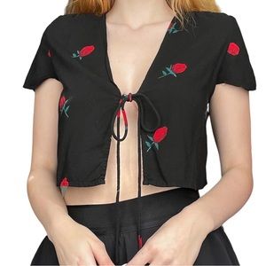 Motel Rocks Black & Rose tie front crop top